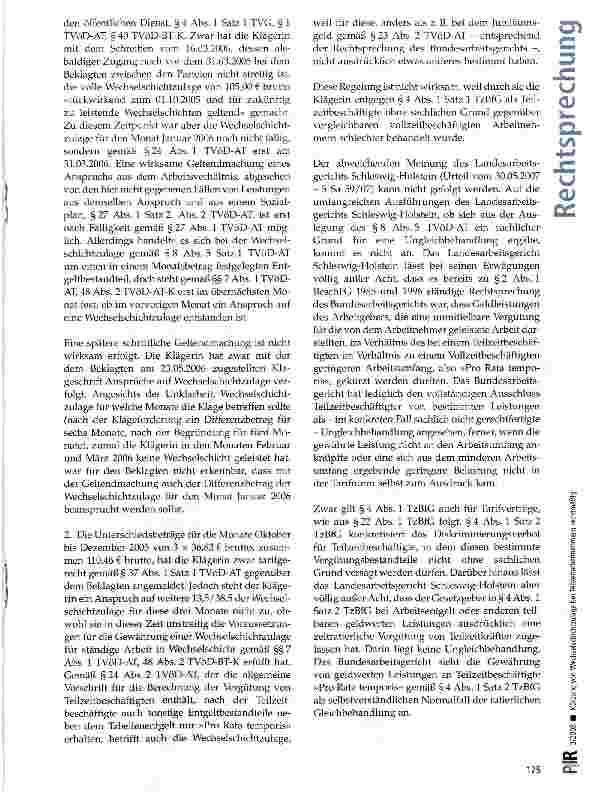 Vorschauseite 4: Kürzung von Wechselschichtzulage bei Teilzeitarbeitnehmern rechtmäßig