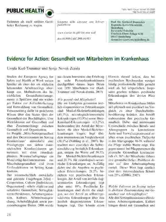 Vorschauseite 1: Evidence for Action: Gesundheit von Mitarbeitern im Krankenhaus