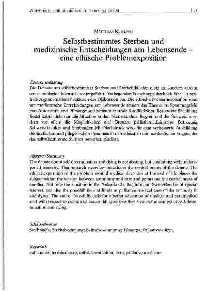 Vorschauseite 1: Selbstbestimmtes Sterben und medizinische Entscheidungen am Lebensende - eine ethische Problemexposition