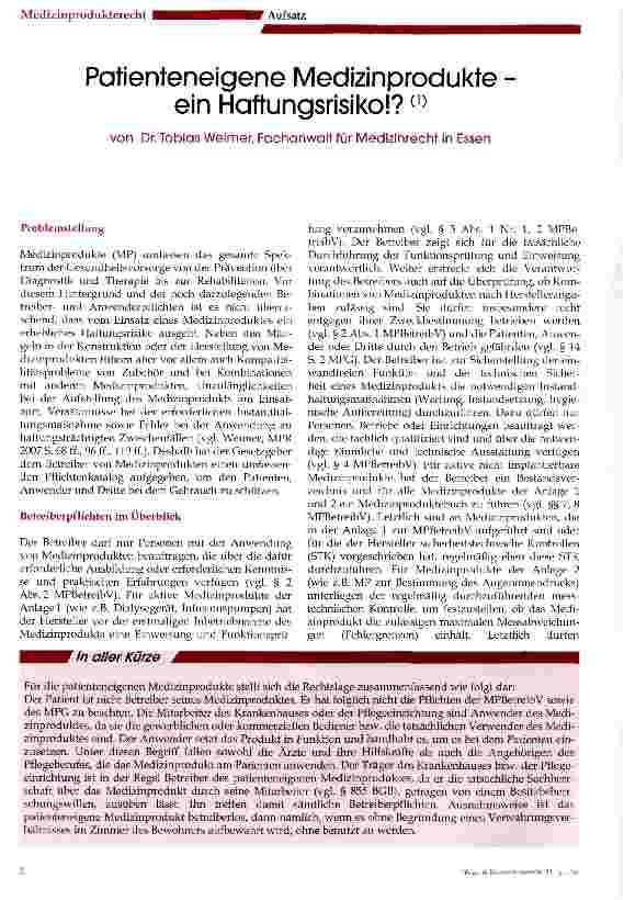 Vorschauseite 1: Patienteneigene Medizinprodukte ein Haftungsrisiko! ?