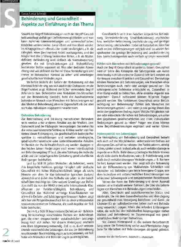 Vorschauseite 1: Behinderung und Gesundheit -Aspekte zur Einführung in das Thema