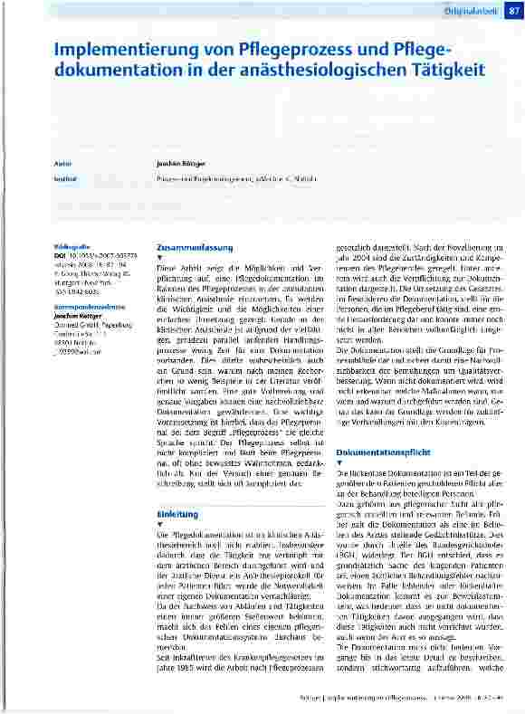 Vorschauseite 1: Implementierung von Pflegeprozess und Pflegedokumentation in der anästhesiologischen Tätigkeit