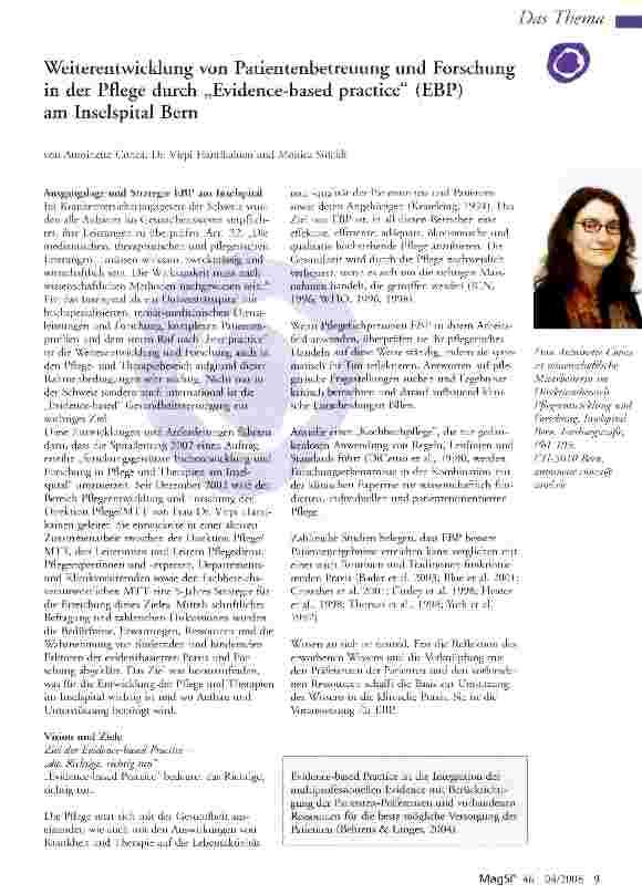 Vorschauseite 1: Weiterentwicklung von Patientenbetreuung und Forschung in der Pflege durch „Evidence-based practice (EBP) am Inselspital Bern