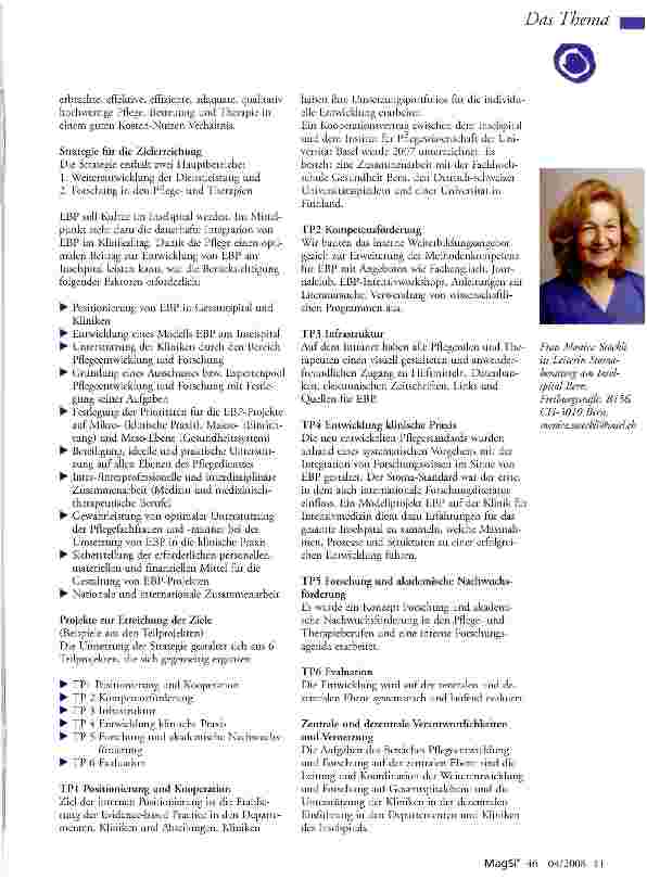 Vorschauseite 3: Weiterentwicklung von Patientenbetreuung und Forschung in der Pflege durch „Evidence-based practice (EBP) am Inselspital Bern
