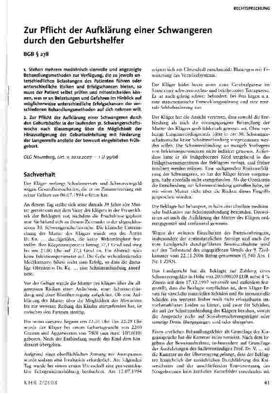 Vorschauseite 1: Zur Pflicht der Aufklärung einer Schwangeren durch den Geburtshelfer