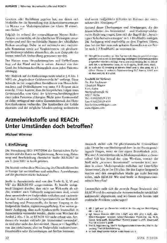 Vorschauseite 1: Arzneiwirkstoffe und REACH: Unter Umständen doch betroffen?