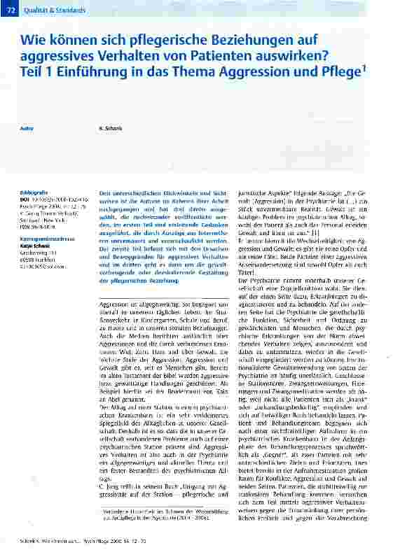 Vorschauseite 1: Wie können sich pflegerische Beziehungen auf aggressives Verhalten von Patienten auswirken? Teil 1 Einführung in das Thema Aggression und Pflege