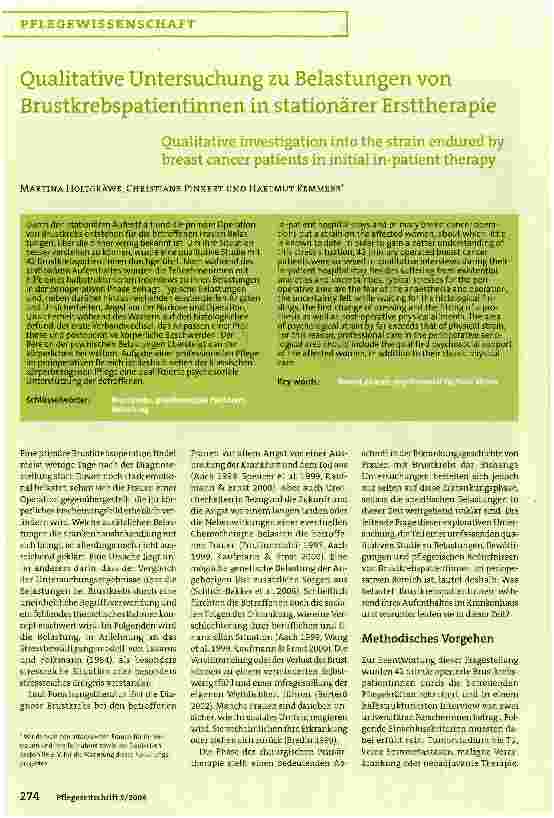 Vorschauseite 1: Qualitative Untersuchung zu Belastungen von Brustkrebspatientinnen in stationärer Ersttherapie