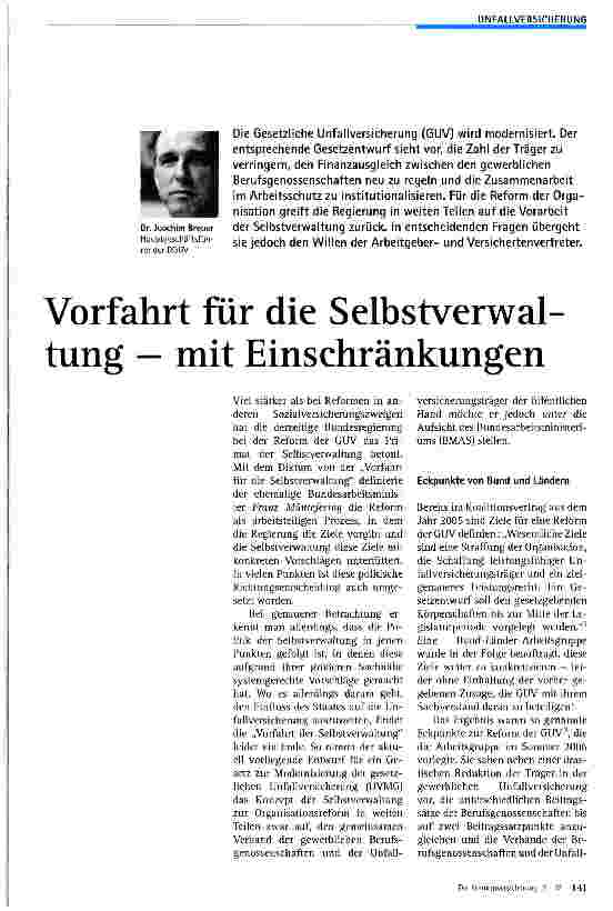 Vorschauseite 1: Vorfahrt für die Selbstverwaltung — mit Einschränkungen