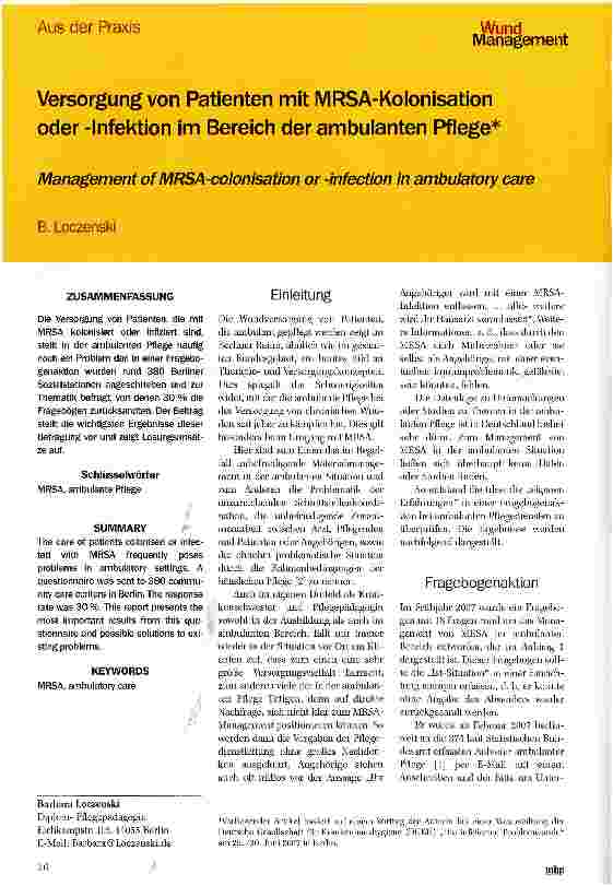 Vorschauseite 1: Versorgung von Patienten mit MRSA-Kolonisation oder -Infektion im Bereich der ambulanten Pflege*