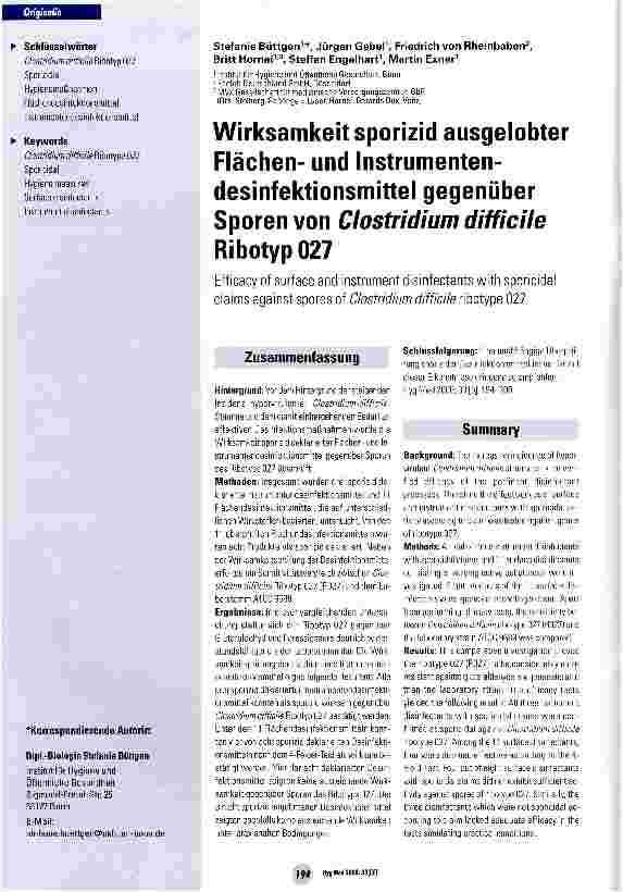 Vorschauseite 1: Wirksamkeit sporizid ausgelobter Flächenund Instrumenten-desinfektionsmittel gegenüber Sporen von Ciostridium difficile Ribotyp 027