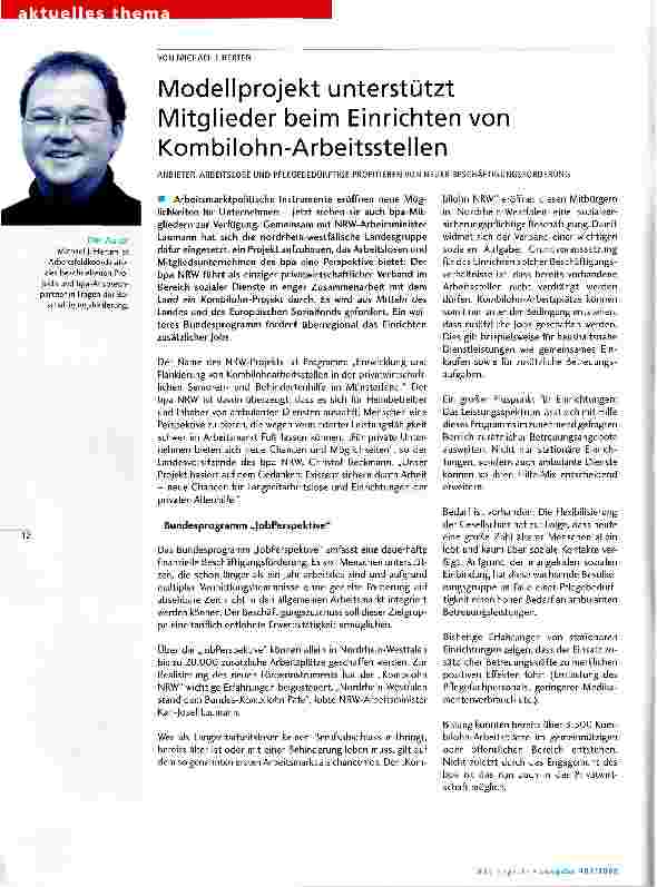 Vorschauseite 1: Modellprojekt unterstützt Mitglieder beim Einrichten von Kombi lohn-Arbeitsstellen