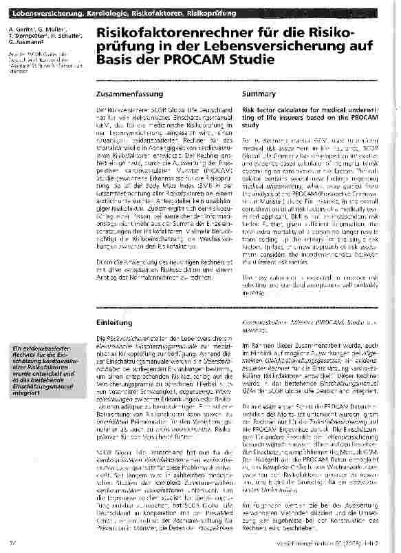 Vorschauseite 1: Risikofaktorenrechner für die Risikoprüfung in der Lebensversicherung auf Basis der PROCAM Studie