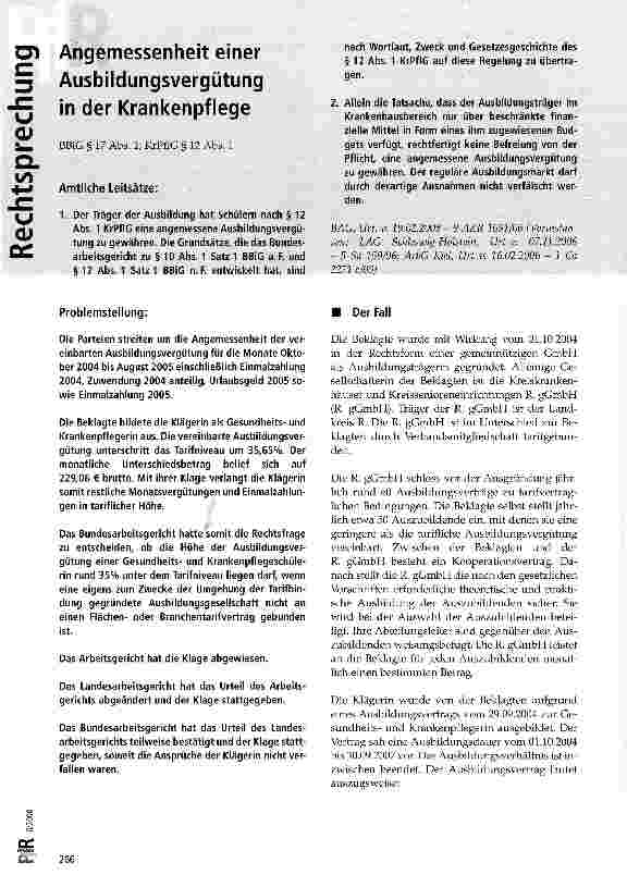 Vorschauseite 1: Angemessenheit einer Ausbildungsvergütung in der Krankenpflege