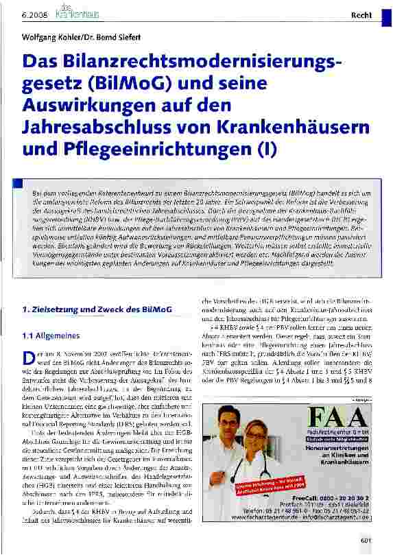 Vorschauseite 1: Das Bilanzrechtsmodernisierungs-gesetz (BilAAoG) und seine Auswirkungen auf den Jahresabschluss von Krankenhäusern und Pflegeeinrichtungen (I)