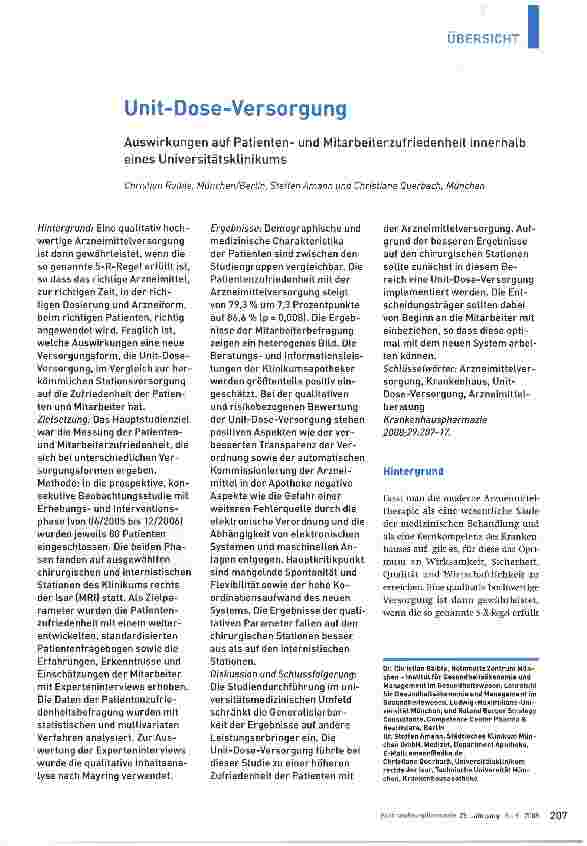 Vorschauseite 1: Unit-Dose-Versorgung Auswirkungen auf Patientenund Mitarbeiterzufriedenheit innerhalb eines Universitätsklnikums
