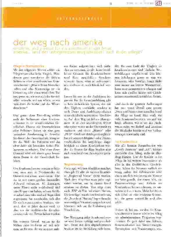 Vorschauseite 1: der weg nach amerika einblicke und anreize für ein abenteuer in der ferne amerika... land der unbegrenzten möglichkeiten! auch in der pflege?