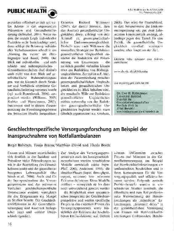 Vorschauseite 1: Geschlechterspezifische Versorgungsforschung am Beispiel der Inanspruchnahme von Notfallambulanzen