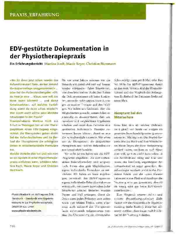 Vorschauseite 1: EDV-gestützte Dokumentation in der PhysiotherapiepraxisEin Erfahrungsbericht