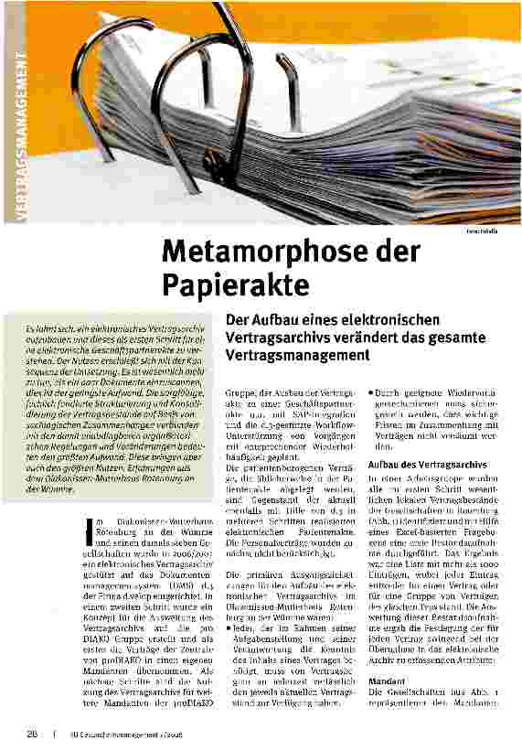 Vorschauseite 1: Metamorphose der Papierakte. Der Aufbau eines elektronischen Vertragsarchivs verändert das gesamte Vertragsmanagement
