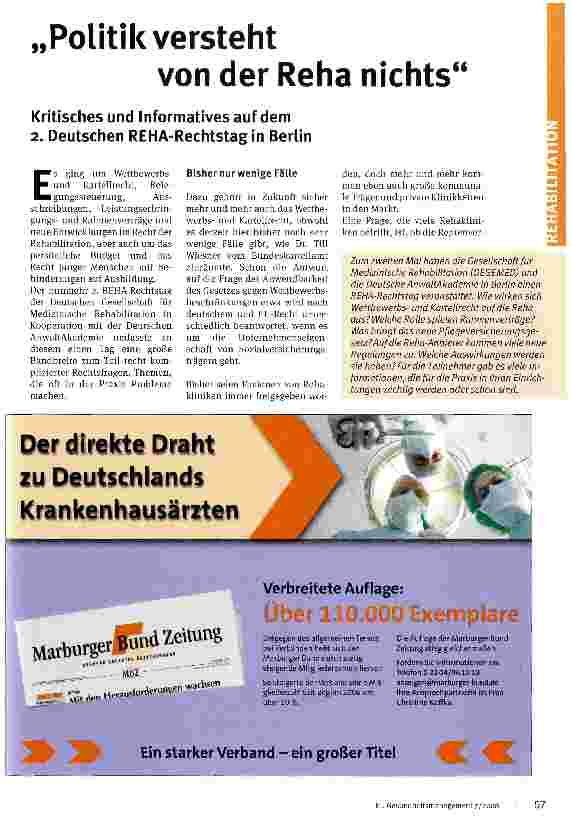 Vorschauseite 1: Politik versteht von der Reha nichts. Kritisches und Informatives auf dem 2. Deutschen REHA-Rechtstagin Berlin