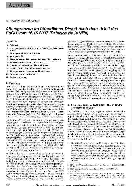 Vorschauseite 1: Altersgrenzen im öffentlichen Dienst nach dem Urteil des EuGH vom 16.10.2007 (Palacios de la Villa)