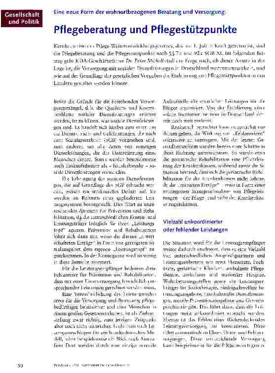 Vorschauseite 1: Eine neue Form der wohnortbezogenen Beratung und Versorgung:Pflegeberatung und Pflegestützpunkte