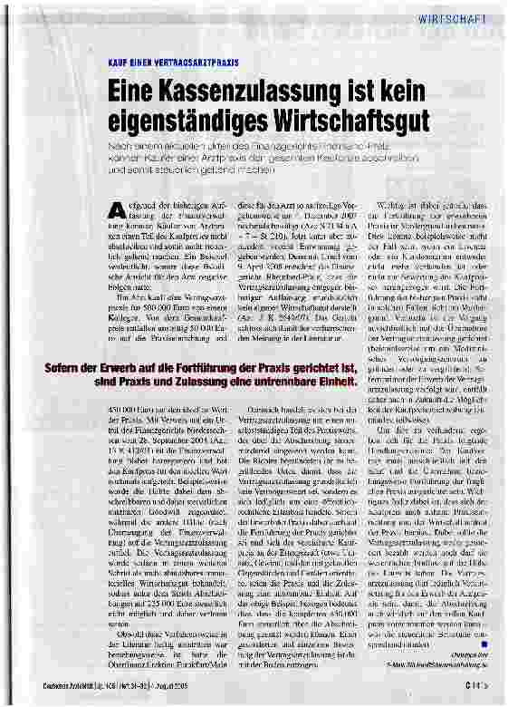 Vorschauseite 1: Eine Kassenzulassung ist kein eigenständiges Wirtschaftsgut