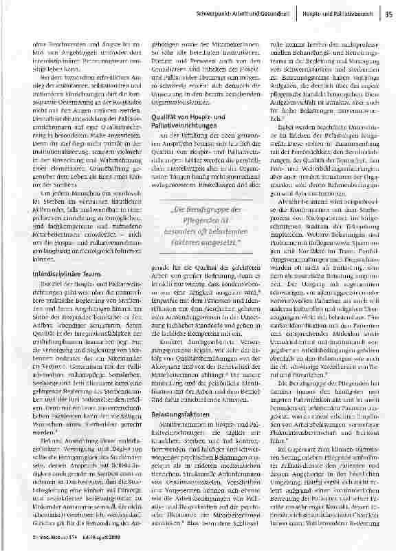 Vorschauseite 2: Fürsorge auch für die SterbebegleiterBelastungen und Bewältigungsstrategien von Mitarbeiterinnen in Hospiz-und Palliativeinrichtungen