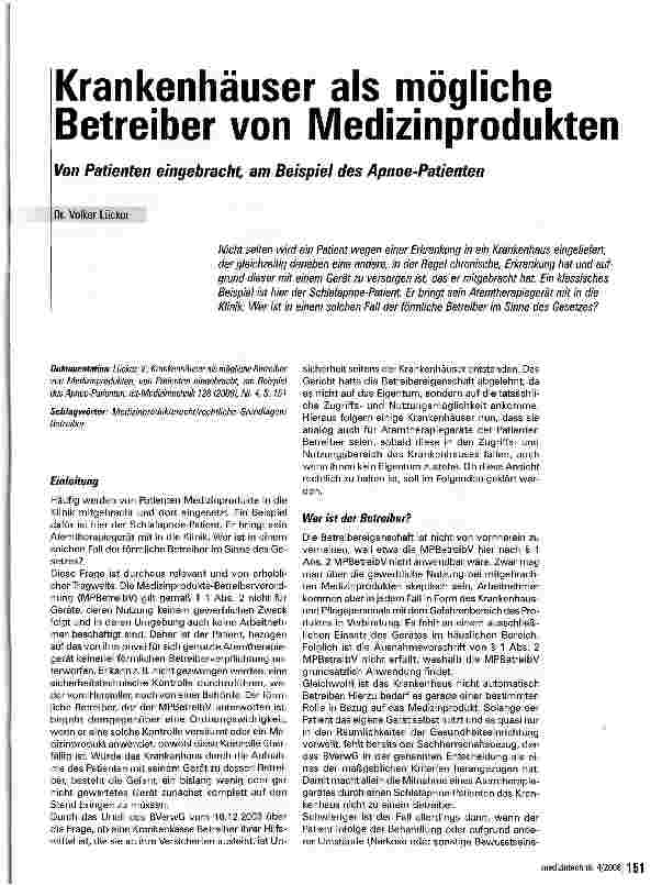 Vorschauseite 1: Krankenhäuser als mögliche Betreiber von MedizinproduktenVon Patienten eingebracht 3m Beispiel des Apnoe-Patienten