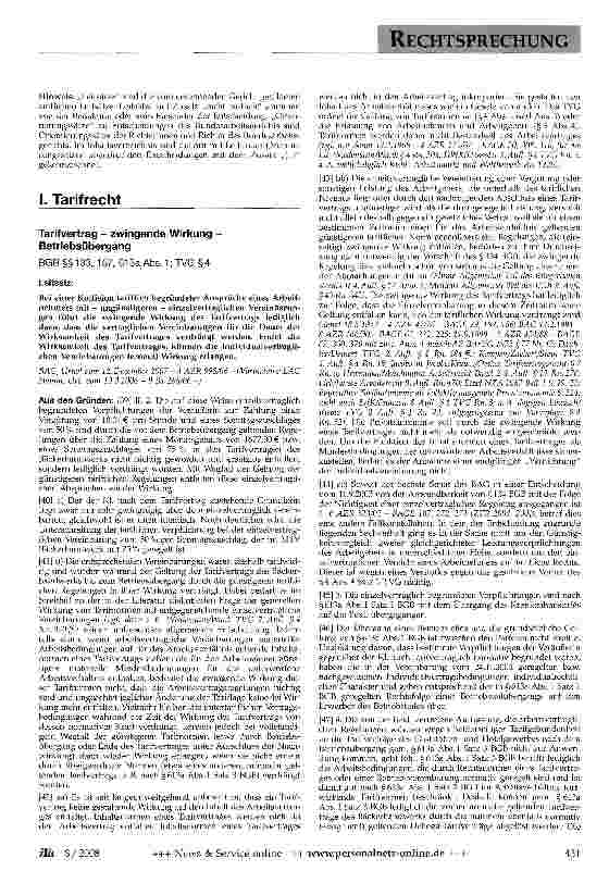 Vorschauseite 1: Tarifvertrag - zwingende Wirkung -Betriebsübergang