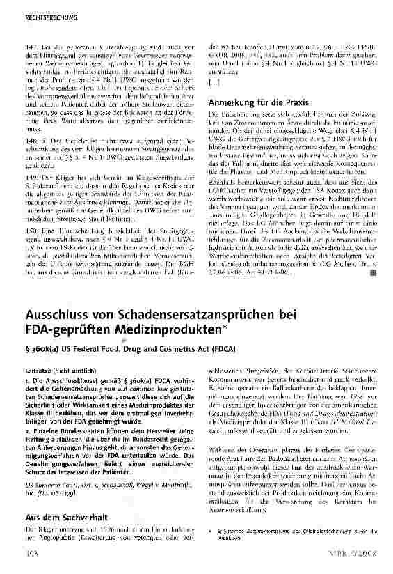 Vorschauseite 1: Ausschluss von Schadensersatzansprüchen bei FDA-geprüften Medizinprodukten
