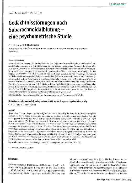 Vorschauseite 1: Gedächtnisstörungen nach Subarachnoidalblutung -eine psychometrische Studie