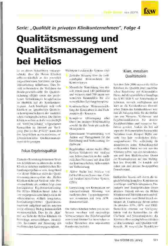 Vorschauseite 1: Serie: „Qualität in privaten Klinikunternehmen, Folge 4 Qualitätsmessung und Qualitätsmanagement bei Helios