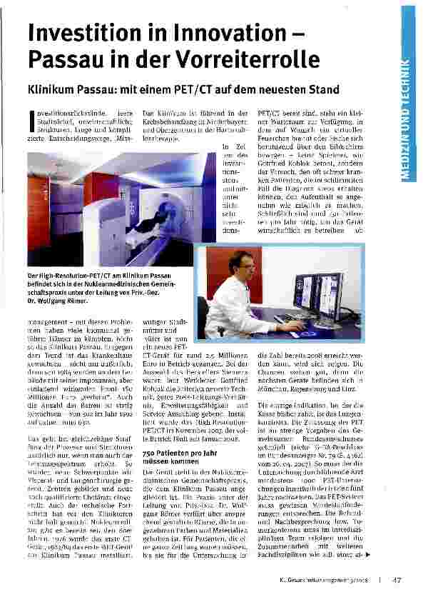 Vorschauseite 1: Investition in Innovation -Passau in der VorreiterrolleKlinikum Passau: mit einem PET/CT auf dem neuesten Stand