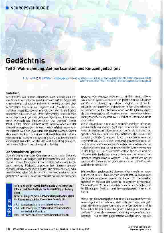 Vorschauseite 1: GedächtnisTeil 2: Wahrnehmung, Aufmerksamkeit und Kurzzeitgedächtnis