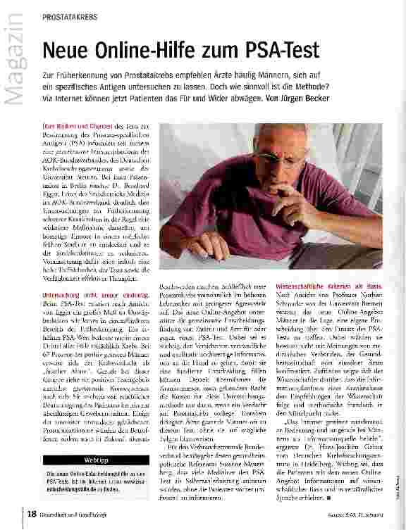 Vorschauseite 1: PROSTATAKREBSNeue Online-Hilfe zum PSA-Test