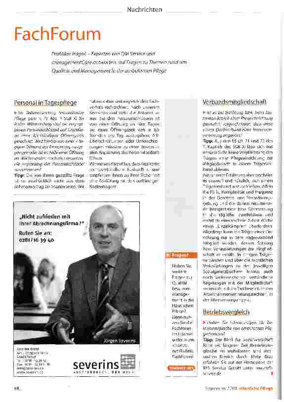 Vorschauseite 1: FachForumPraktiker fragen - Experten von QM Service und managementCare antworten: auf Fragen zu Themen rund um Qualität und Management in der ambulanten Pflege