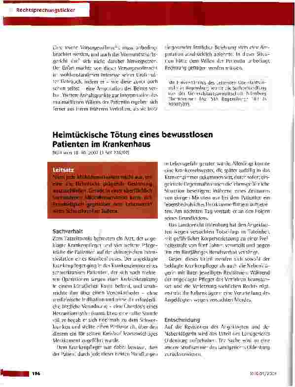 Vorschauseite 1: Heimtückische Tötung eines bewusstlosen Patienten im Krankenhaus