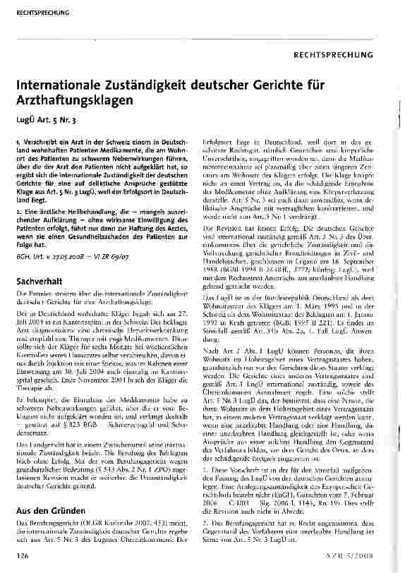 Vorschauseite 1: Internationale Zuständigkeit deutscher Gerichte für Arzthaftungsklagen