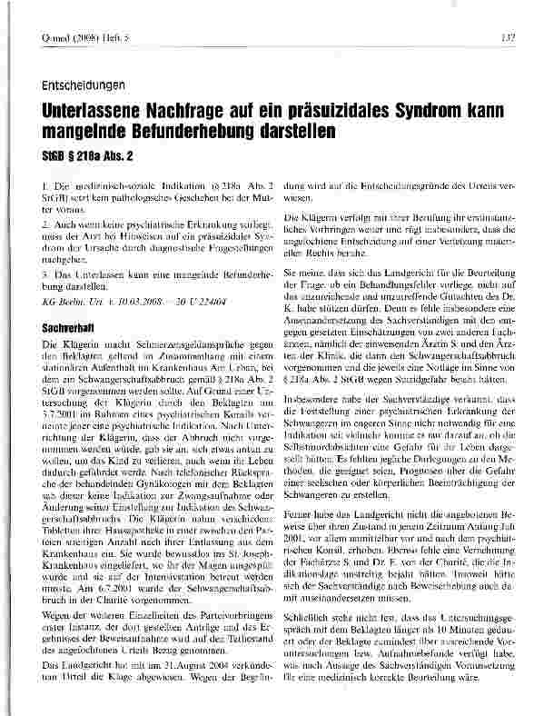 Vorschauseite 1: Unterlassene Nachfrage auf ein präsuizidales Syndrom kann mangelnde Befunderhebung darstellenStGB § 218a Abs. 2