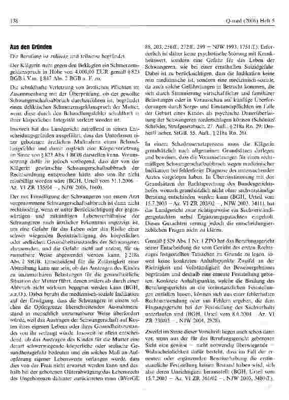 Vorschauseite 2: Unterlassene Nachfrage auf ein präsuizidales Syndrom kann mangelnde Befunderhebung darstellenStGB § 218a Abs. 2