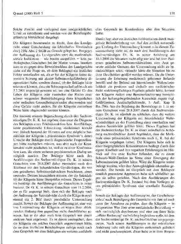 Vorschauseite 3: Unterlassene Nachfrage auf ein präsuizidales Syndrom kann mangelnde Befunderhebung darstellenStGB § 218a Abs. 2