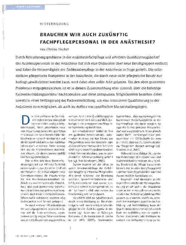 Vorschauseite 1: BRAUCHEN WIR AUCH ZUKUNFTIG FACHPFLEGEPERSONAL IN DER ANÄSTHESIE?