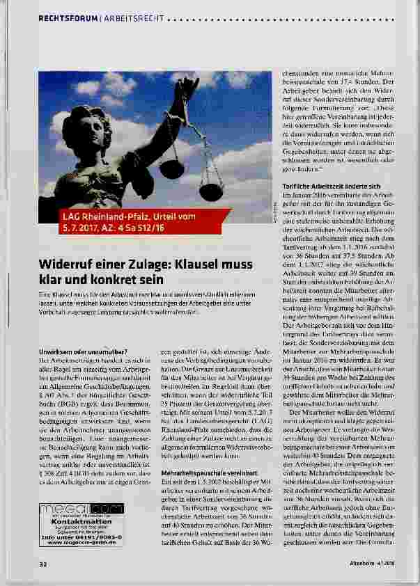 Vorschauseite 1: Widerruf einer Zulage: Klausel muss klar und konkret sein