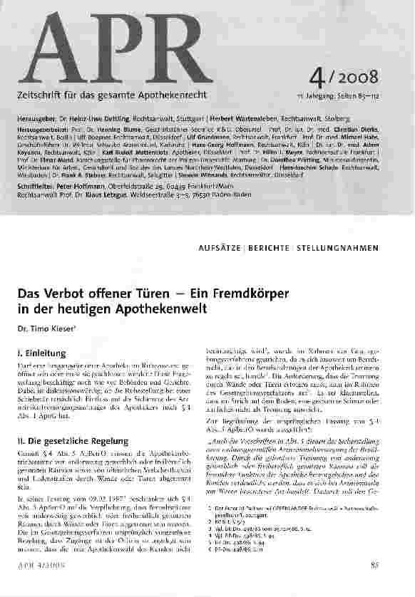 Vorschauseite 1: Das Verbot offener Türen — Ein Fremdkörper in der heutigen Apothekenwelt