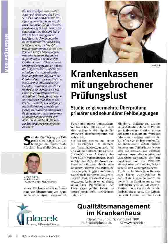 Vorschauseite 1: Krankenkassen mit ungebrochener Prüfungslust Studie zeigt vermehrte Überprüfung primärer und sekundärer Fehlbelegungen