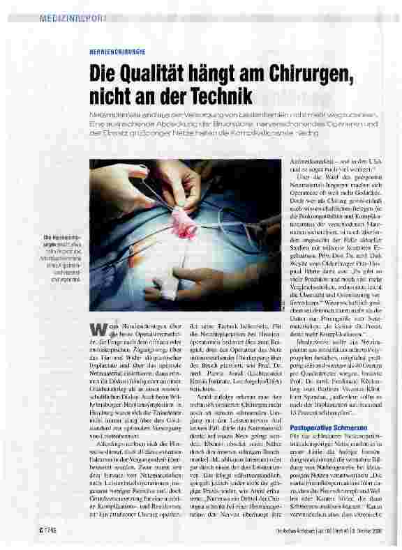 Vorschauseite 1: HERNIENCHIRURGIE Die Qualität hängt am Chirurgen, nicht an der Technik