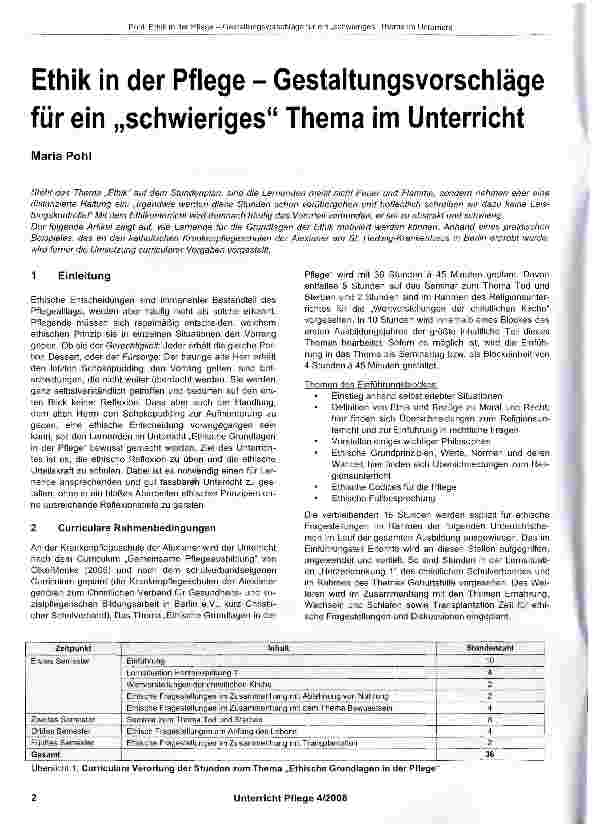 Vorschauseite 1: Ethik in der Pflege Gestaltungsvorschläge für ein „schwieriges Thema im Unterricht