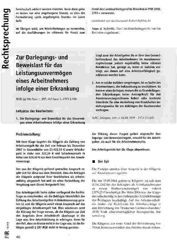 Vorschauseite 1: Zur Darlegungsund Beweislast für das Leistungsunvermögen eines Arbeitnehmers infolge einer Erkrankung BGB §§ 296 Satz 1, 297, 615 Satz 1; ZPO § 138